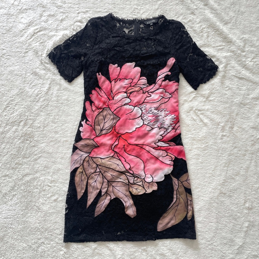 Elliatt Black Lace Floral Applique Mini Dress Pink Peony Size XS